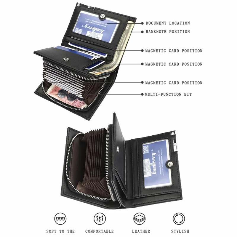 BAELLERRY 1102 Heren Effen Kleur Korte Portemonnee met Ritsvak Design PU Leren Portemonnee voor Munten en Kaarten - Zwart