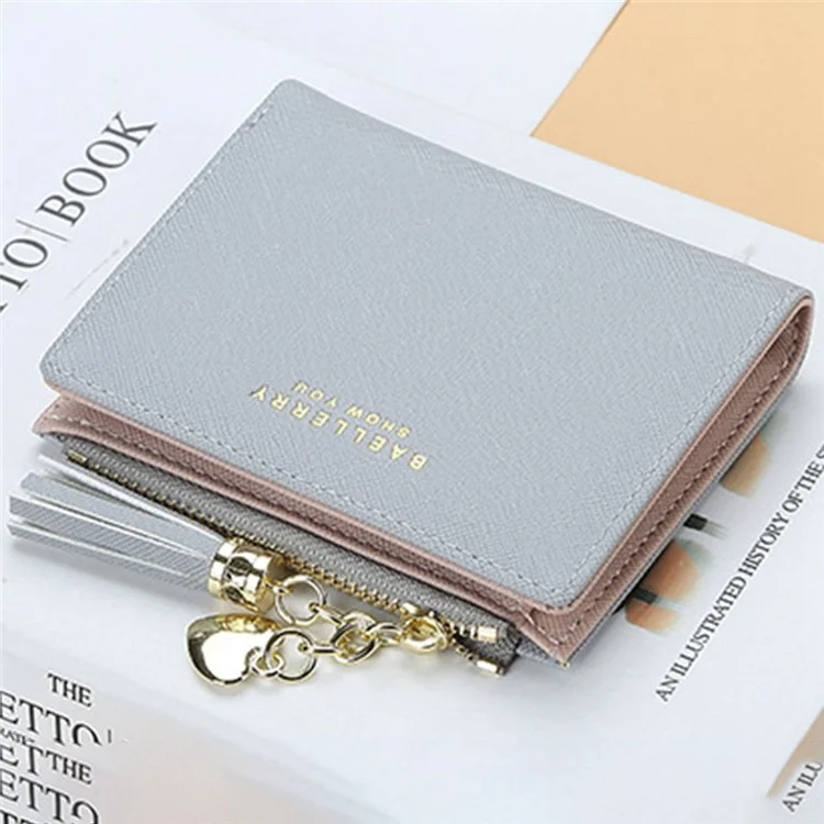 BAELLERRY DR028 Portafoglio da donna in pelle PU a texture incrociata con nappa, cerniera, porta carte e contanti - Grigio 