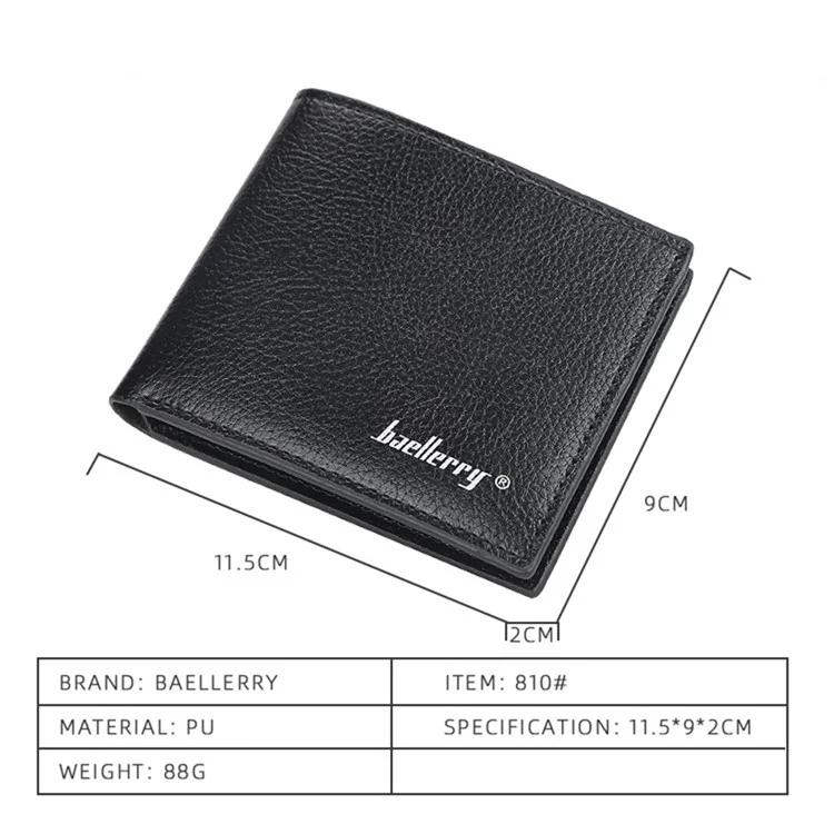 BAELLERRY 810 Textura de Litchi Couro PU Carteira Curta Masculina Bolsa de Armazenamento de Cartões e Dinheiro - Preto