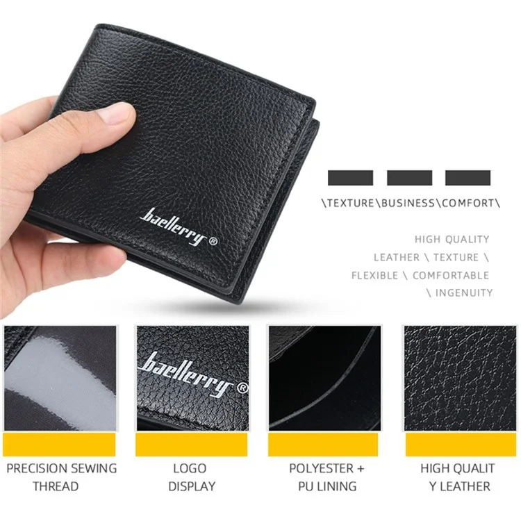 BAELLERRY 810 Textura de Litchi Couro PU Carteira Curta Masculina Bolsa de Armazenamento de Cartões e Dinheiro - Preto