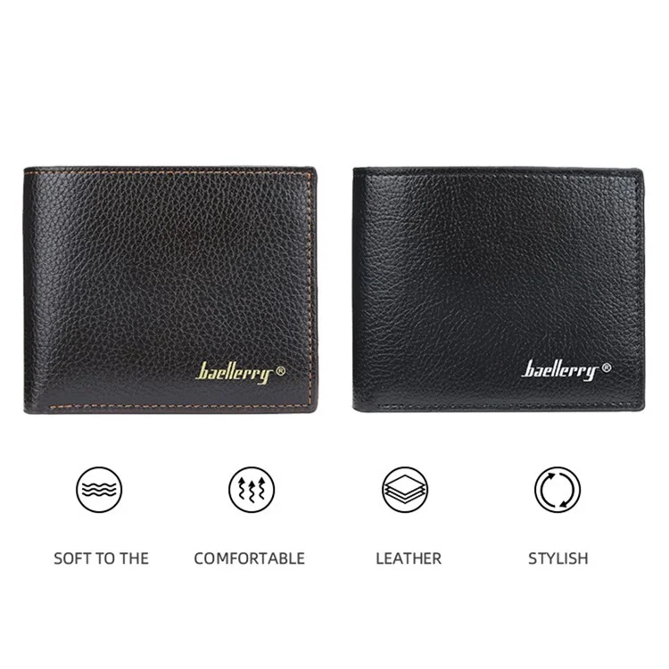 BAELLERRY 810 Textura de Litchi Couro PU Carteira Curta Masculina Bolsa de Armazenamento de Cartões e Dinheiro - Preto