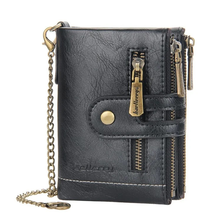 BAELLERRY D3226 Portefeuille court pour hommes en cuir PU Porte-cartes de crédit avec fermeture éclair Poche à monnaie avec chaîne - Noir