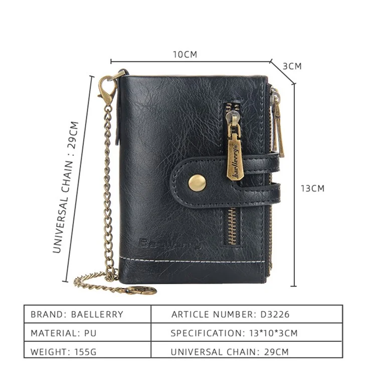 BAELLERRY D3226 Portefeuille court pour hommes en cuir PU Porte-cartes de crédit avec fermeture éclair Poche à monnaie avec chaîne - Noir