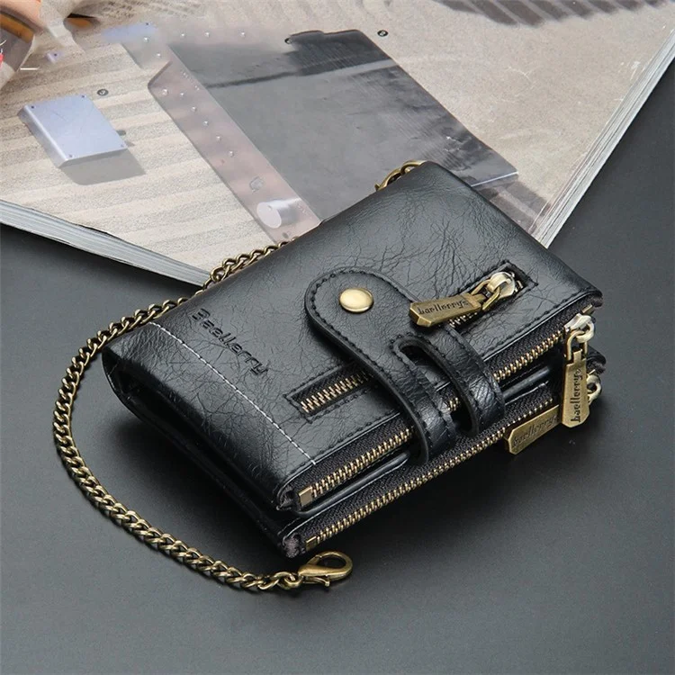 BAELLERRY D3226 Portefeuille court pour hommes en cuir PU Porte-cartes de crédit avec fermeture éclair Poche à monnaie avec chaîne - Noir