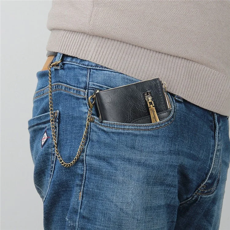 BAELLERRY D3226 Portefeuille court pour hommes en cuir PU Porte-cartes de crédit avec fermeture éclair Poche à monnaie avec chaîne - Noir