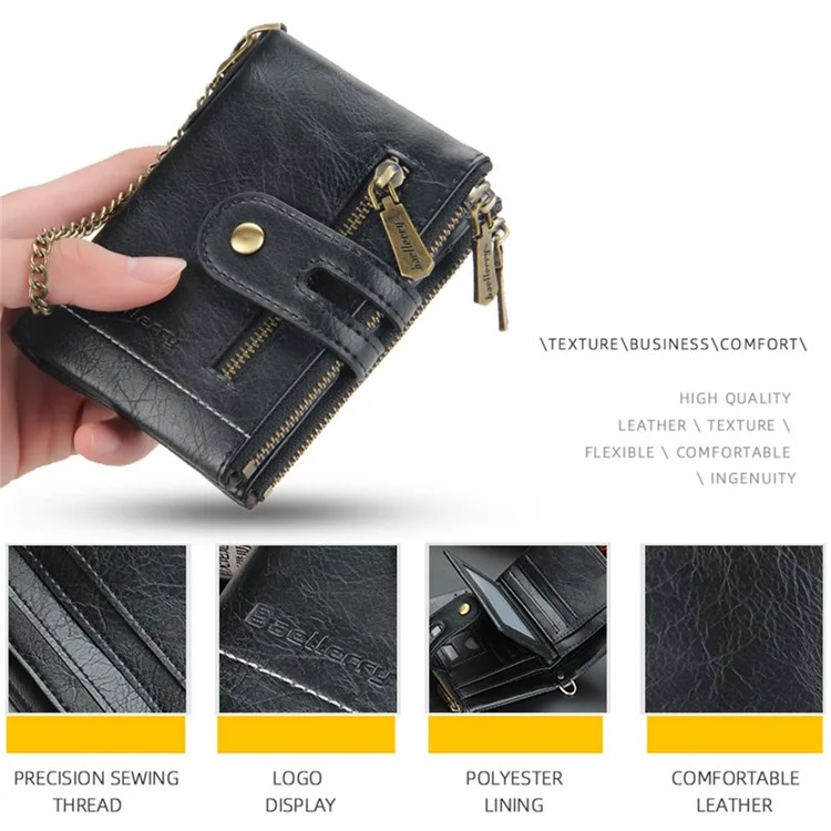 BAELLERRY D3226 Portefeuille court pour hommes en cuir PU Porte-cartes de crédit avec fermeture éclair Poche à monnaie avec chaîne - Noir