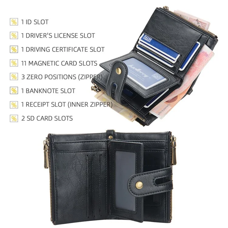 BAELLERRY D3226 Portefeuille court pour hommes en cuir PU Porte-cartes de crédit avec fermeture éclair Poche à monnaie avec chaîne - Noir