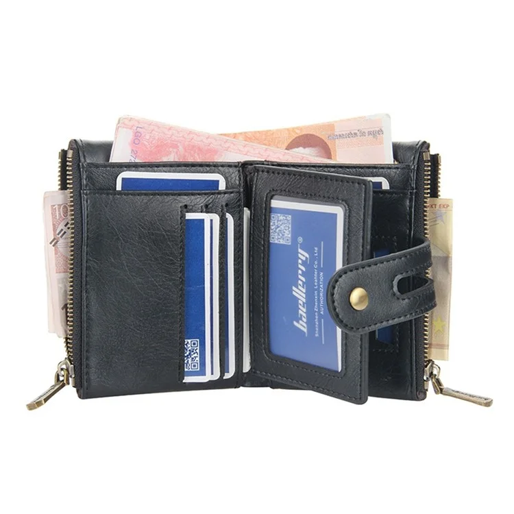 BAELLERRY D3226 Portefeuille court pour hommes en cuir PU Porte-cartes de crédit avec fermeture éclair Poche à monnaie avec chaîne - Noir