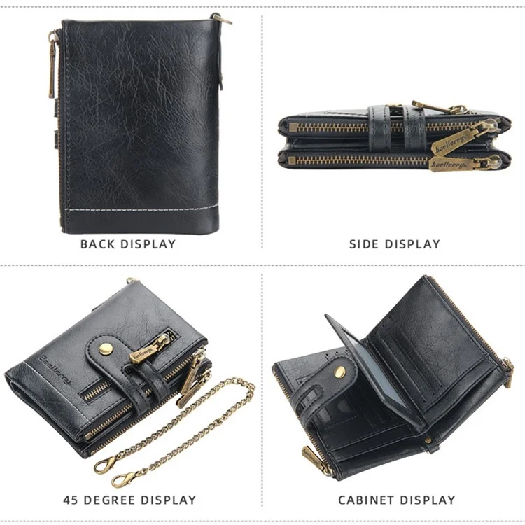 BAELLERRY D3226 Portefeuille court pour hommes en cuir PU Porte-cartes de crédit avec fermeture éclair Poche à monnaie avec chaîne - Noir