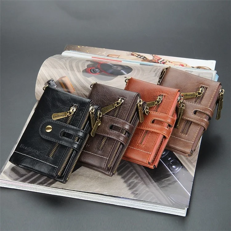 BAELLERRY D3226 Portefeuille court pour hommes en cuir PU Porte-cartes de crédit avec fermeture éclair Poche à monnaie avec chaîne - Noir