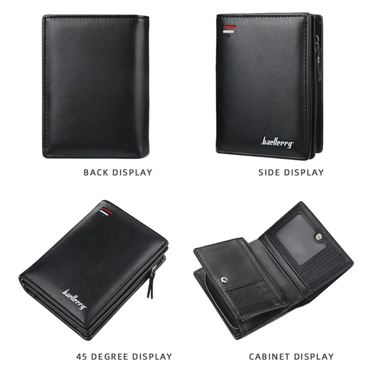 BAELLERRY D3216 Men Snap Button Cash Card Holder PU Leather Zipper Coin Purse Short Wallet - Black