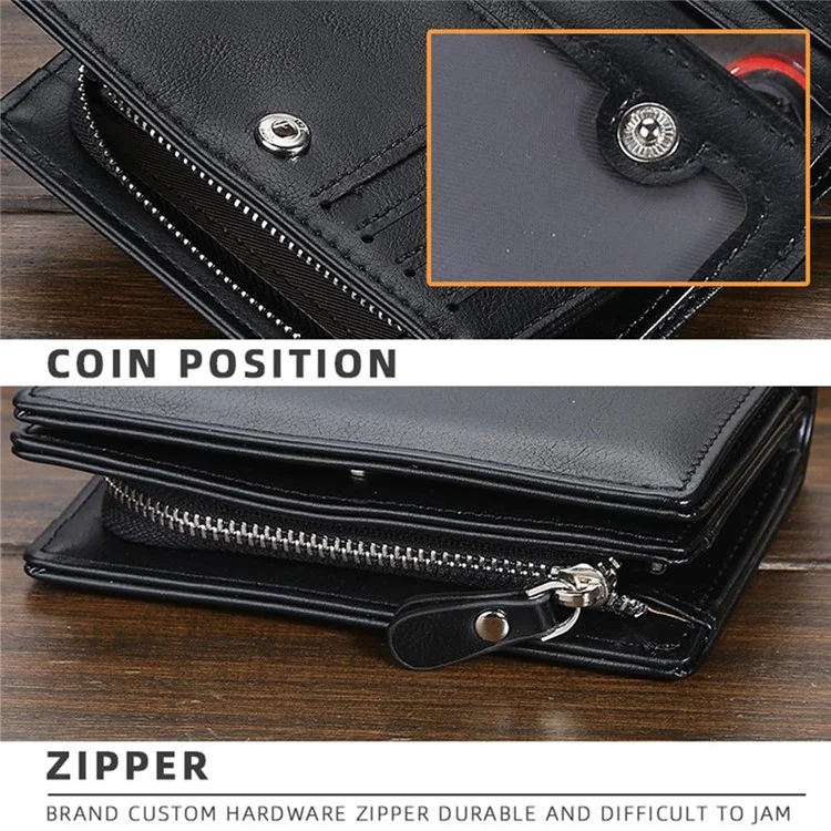 BAELLERRY D3216 Men Snap Button Cash Card Holder PU Leather Zipper Coin Purse Short Wallet - Black