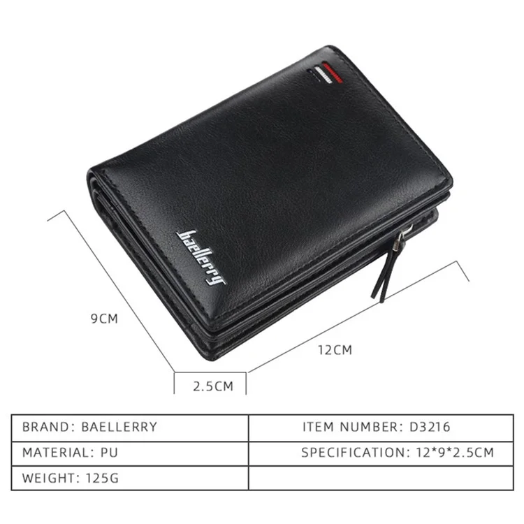 BAELLERRY D3216 Men Snap Button Cash Card Holder PU Leather Zipper Coin Purse Short Wallet - Black