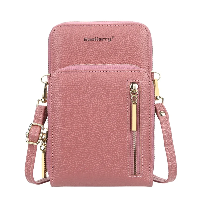 BAELLERRY N0110 Women Double Layer Zipper Wallet PU Leather Cellphone Purse with Shoulder Strap - Deep Pink