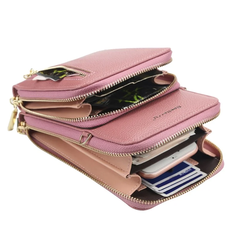 BAELLERRY N0110 Women Double Layer Zipper Wallet PU Leather Cellphone Purse with Shoulder Strap - Deep Pink