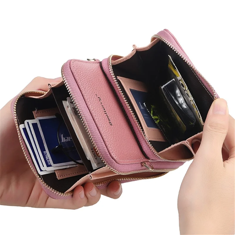 BAELLERRY N0110 Women Double Layer Zipper Wallet PU Leather Cellphone Purse with Shoulder Strap - Deep Pink