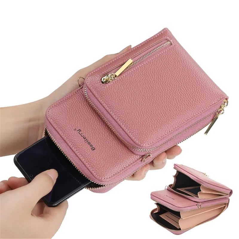 BAELLERRY N0110 Women Double Layer Zipper Wallet PU Leather Cellphone Purse with Shoulder Strap - Deep Pink