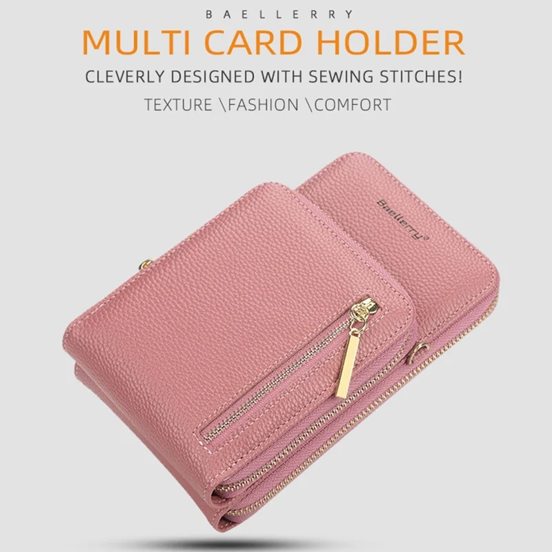 BAELLERRY N0110 Women Double Layer Zipper Wallet PU Leather Cellphone Purse with Shoulder Strap - Deep Pink