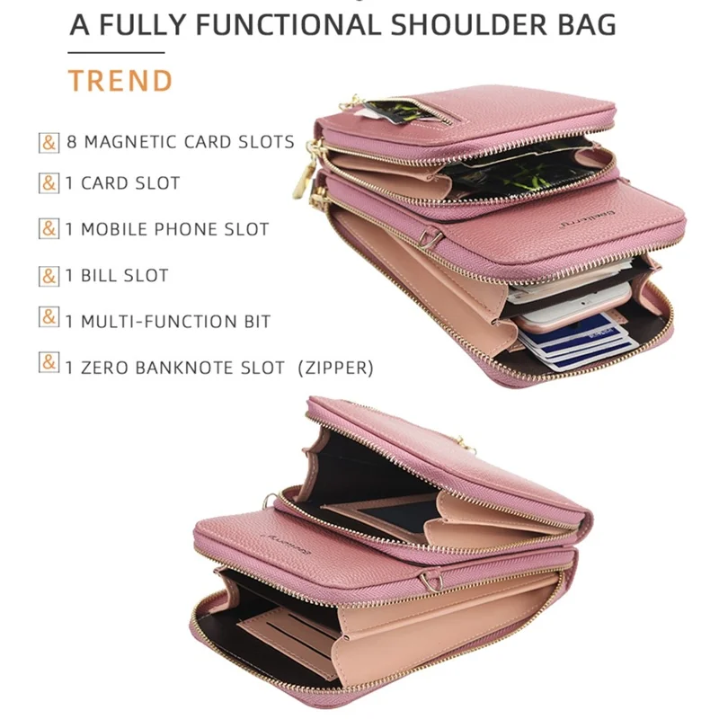 BAELLERRY N0110 Women Double Layer Zipper Wallet PU Leather Cellphone Purse with Shoulder Strap - Deep Pink