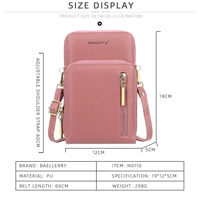 BAELLERRY N0110 Women Double Layer Zipper Wallet PU Leather Cellphone Purse with Shoulder Strap - Deep Pink