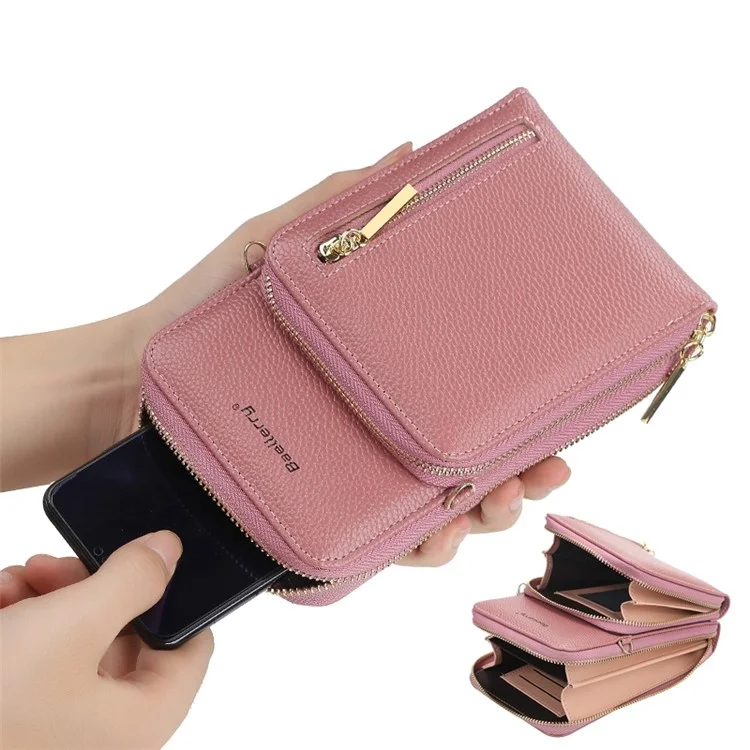 BAELLERRY N0110 Portefeuille à double couche pour femmes en cuir PU avec bandoulière pour téléphone portable - Rouge