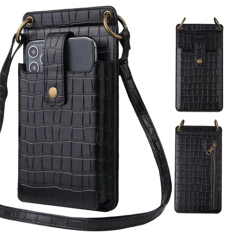 Sac Porté Croisé Vertical pour Femme avec Miroir - Noir, Design Zippé Poche Porte-Cartes Motif Crocodile en Cuir PU