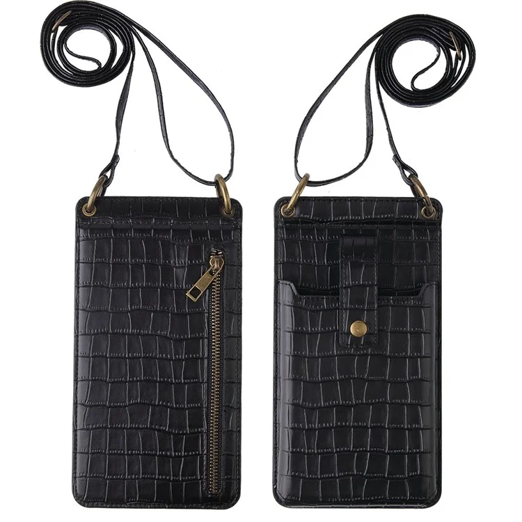 Sac Porté Croisé Vertical pour Femme avec Miroir - Noir, Design Zippé Poche Porte-Cartes Motif Crocodile en Cuir PU