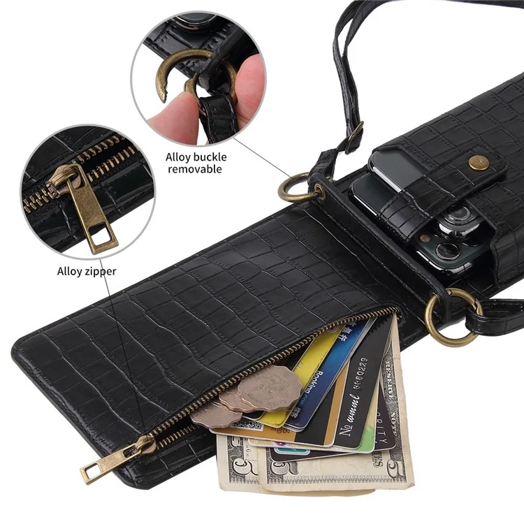 Sac Porté Croisé Vertical pour Femme avec Miroir - Noir, Design Zippé Poche Porte-Cartes Motif Crocodile en Cuir PU