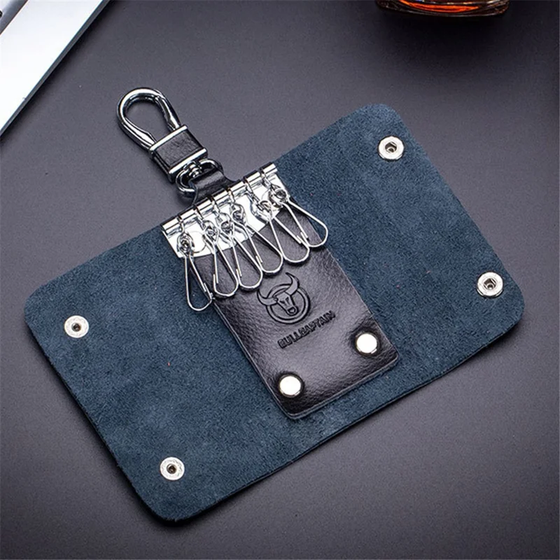 BULLCAPTAIN 484 Vertical Key Case Split Leather Key Holder Organizer Pouch, 6x3x10cm - Coffee