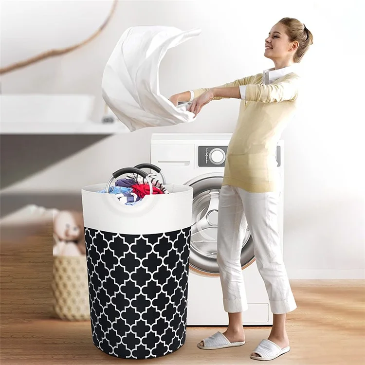 82L Foldable Dirty Clothes Storage Bucket Dual Handle Cotton Linen Home Laundry Basket - Black