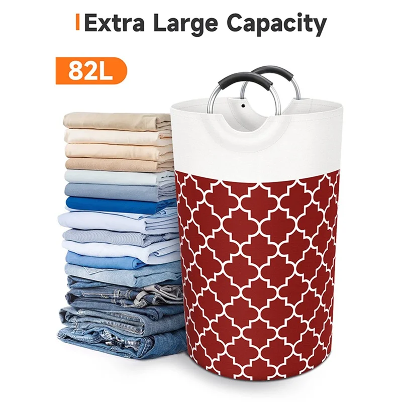 82L Foldable Dirty Clothes Storage Bucket Dual Handle Cotton Linen Home Laundry Basket - Red