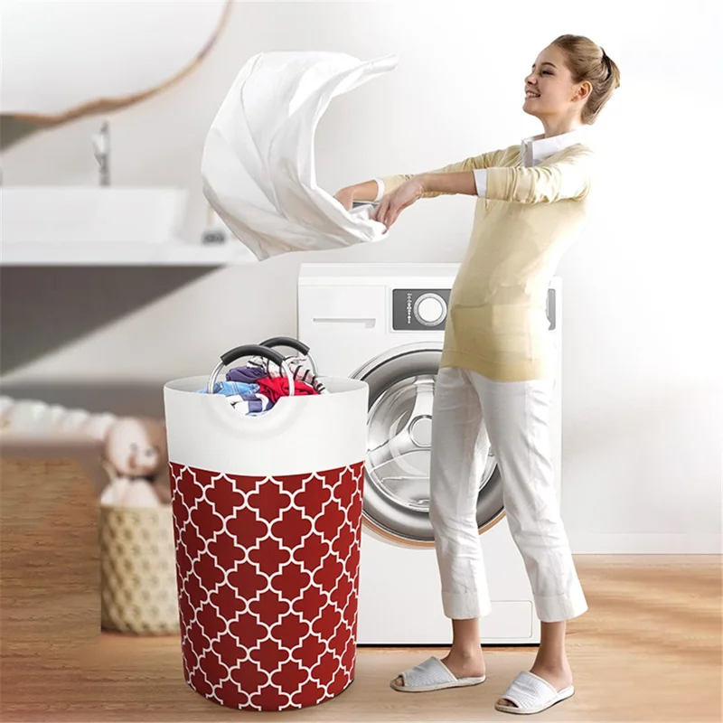 82L Foldable Dirty Clothes Storage Bucket Dual Handle Cotton Linen Home Laundry Basket - Red