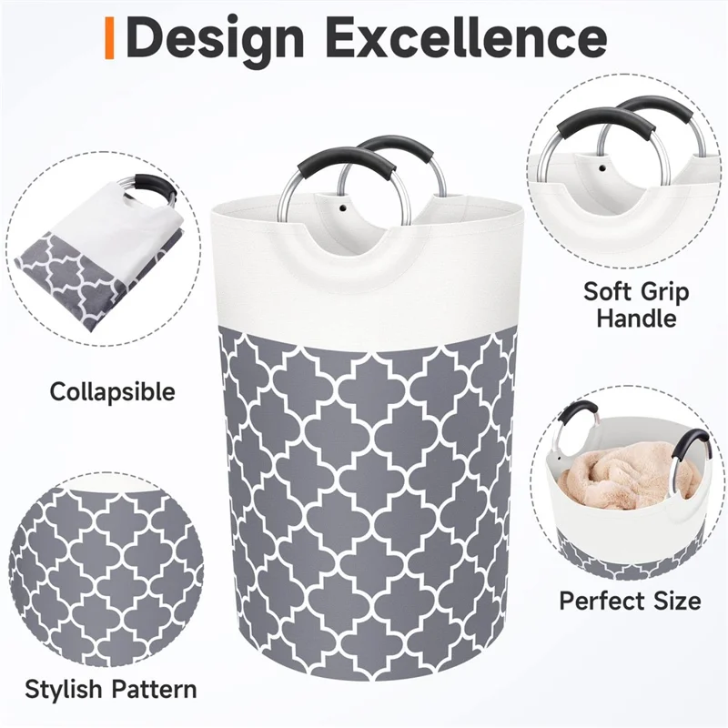 82L Foldable Dirty Clothes Storage Bucket Dual Handle Cotton Linen Home Laundry Basket - Grey