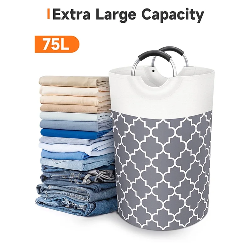 82L Foldable Dirty Clothes Storage Bucket Dual Handle Cotton Linen Home Laundry Basket - Grey