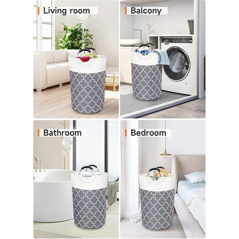 82L Foldable Dirty Clothes Storage Bucket Dual Handle Cotton Linen Home Laundry Basket - Grey