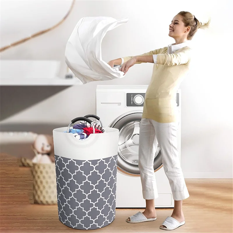 82L Foldable Dirty Clothes Storage Bucket Dual Handle Cotton Linen Home Laundry Basket - Grey