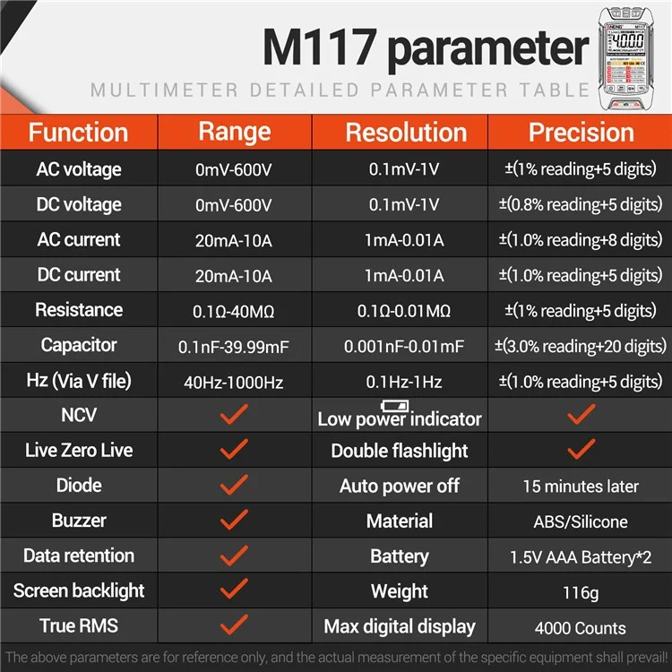 ANENG M117 Multímetro Rango automático Digital Probador Inteligente Multi Tester - Rojo