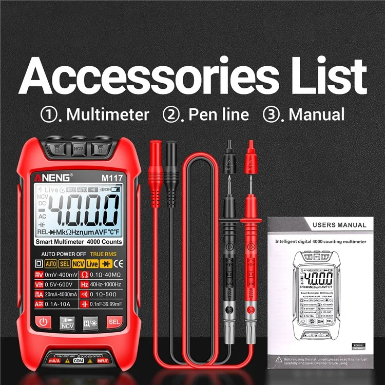 ANENG M117 Multímetro Rango automático Digital Probador Inteligente Multi Tester - Rojo