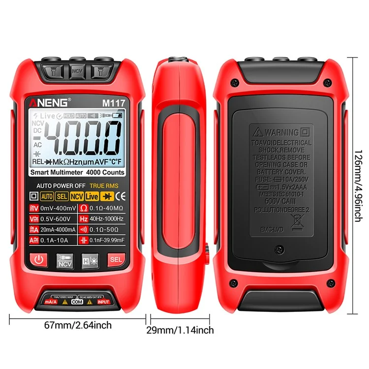 ANENG M117 Multímetro Rango automático Digital Probador Inteligente Multi Tester - Rojo