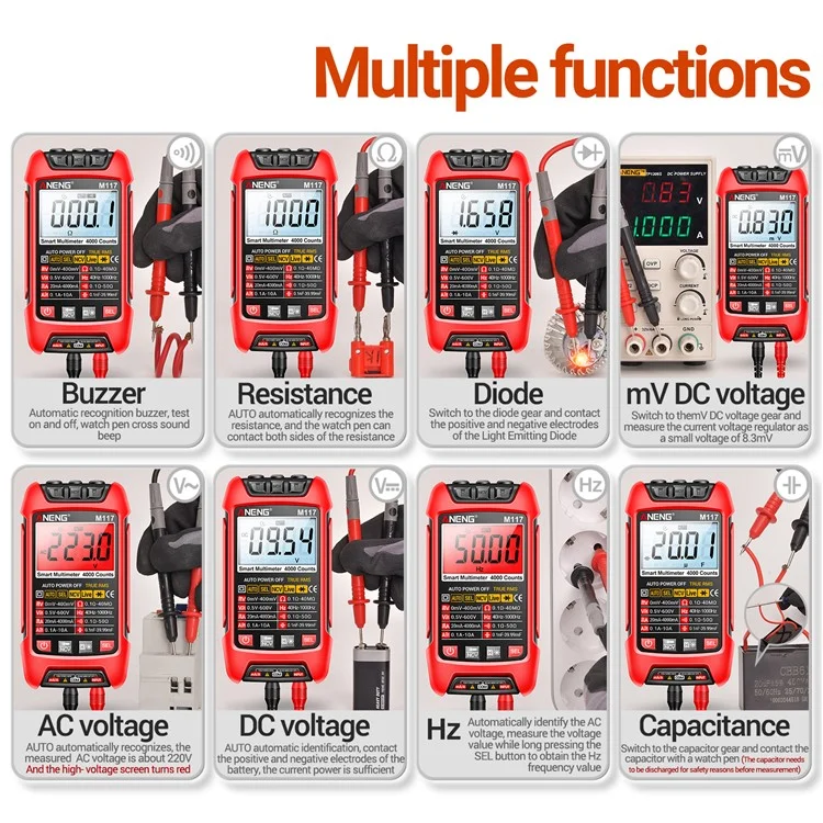 ANENG M117 Multímetro Rango automático Digital Probador Inteligente Multi Tester - Rojo