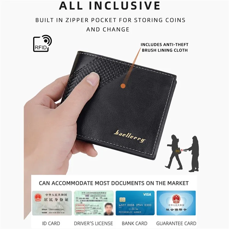 BAELLERRY D3044 Billetera Corta para Hombre Slim PU Leather Coin Storage Card Holder Bag - Negro