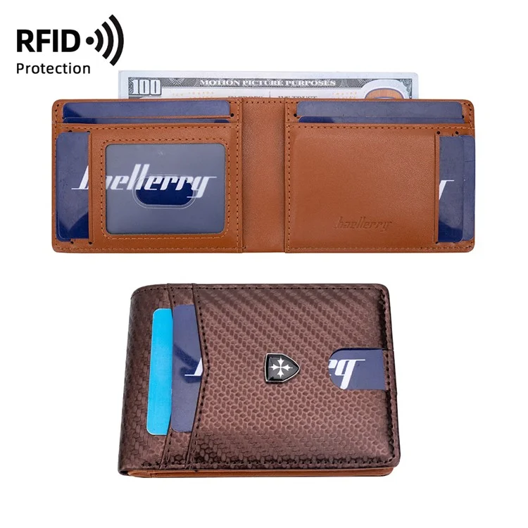 BAELLERRY K9308 Textura de Fibra de Carbono PU Leather RFID Blocking Card Holder Men Wallet - Marrom