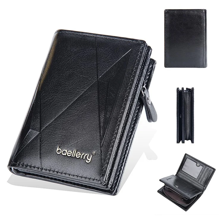 BAELLERRY D3213 Vintage Men PU Leather Short Wallet Cash Card Holder Zipper Coin Purse - Preto