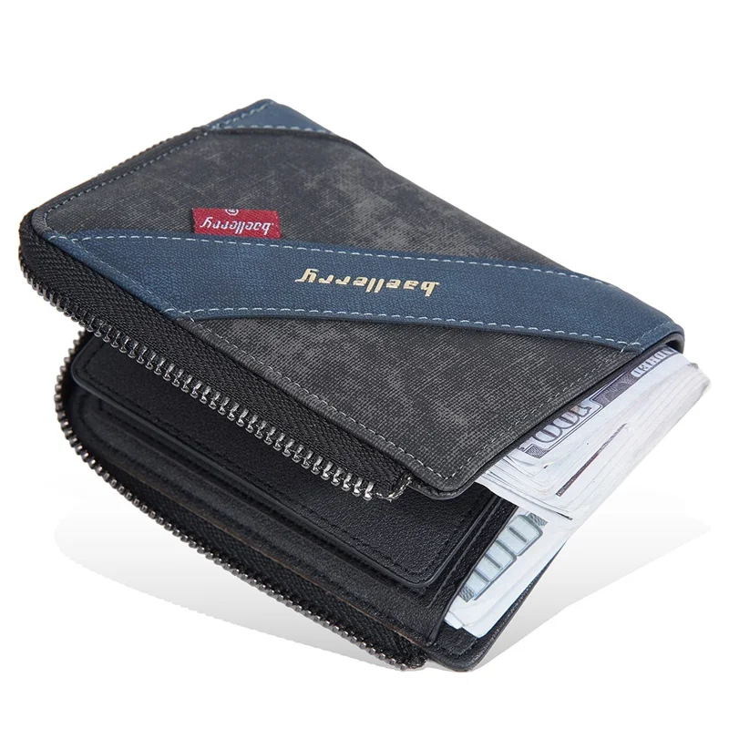 BAELLERRY D3048 PU Leather Contrast Color Men Wallet Zipper Card Cash Storage Bag - Black