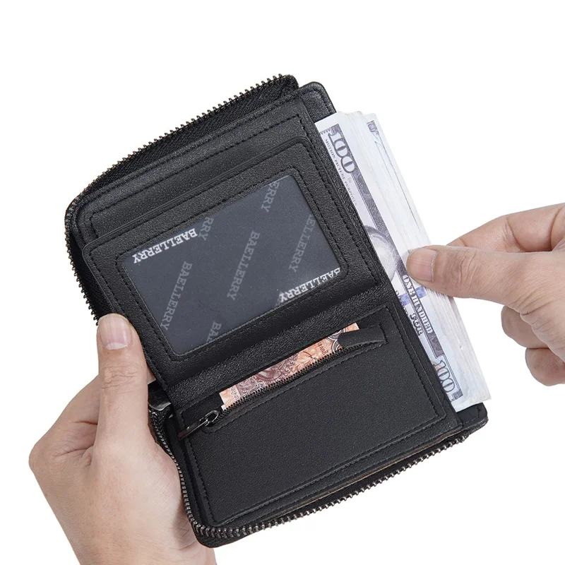 BAELLERRY D3048 PU Leather Contrast Color Men Wallet Zipper Card Cash Storage Bag - Black