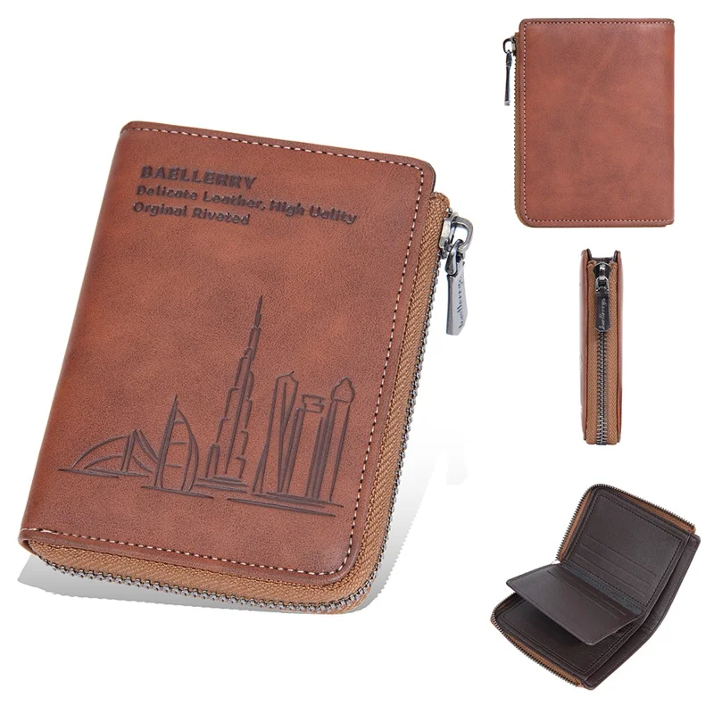 BAELLERRY D3046 Portefeuille en cuir PU imprimé pour homme avec compartiment pour cartes, espèces et pièces - Marron