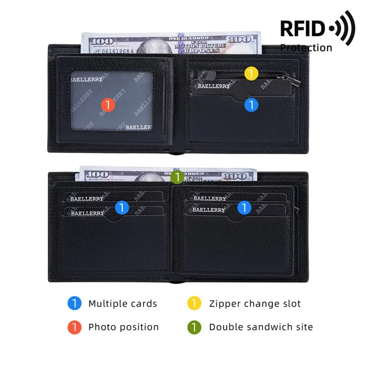 BAELLERRY D3042 Retro PU Leather Men Short Wallet Card Cash Coin Storage Bag - Negro