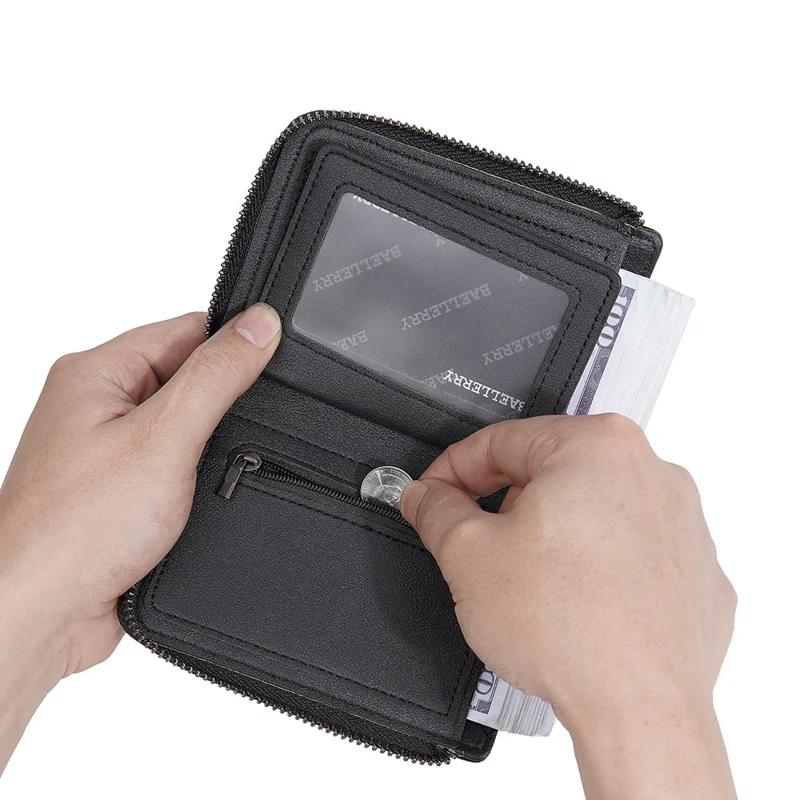 BAELLERRY D3049 Business PU Leather Men Bi-Fold Wallet RFID Blocking Zipper Coin Purse - Black
