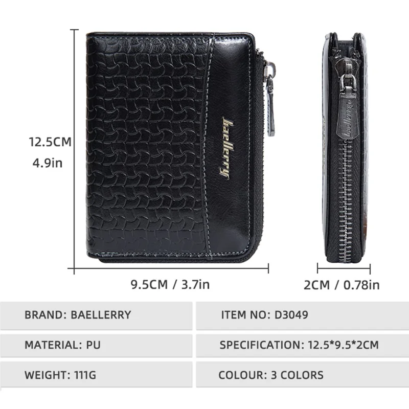 BAELLERRY D3049 Business PU Leather Men Bi-Fold Wallet RFID Blocking Zipper Coin Purse - Black