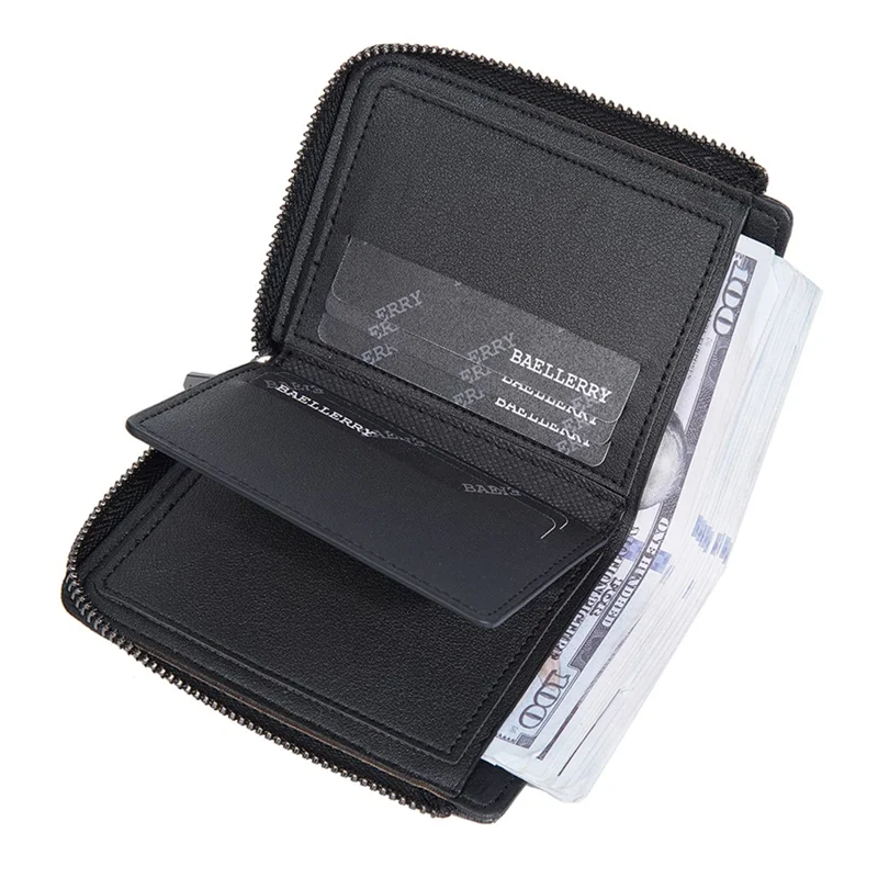 BAELLERRY D3049 Business PU Leather Men Bi-Fold Wallet RFID Blocking Zipper Coin Purse - Black